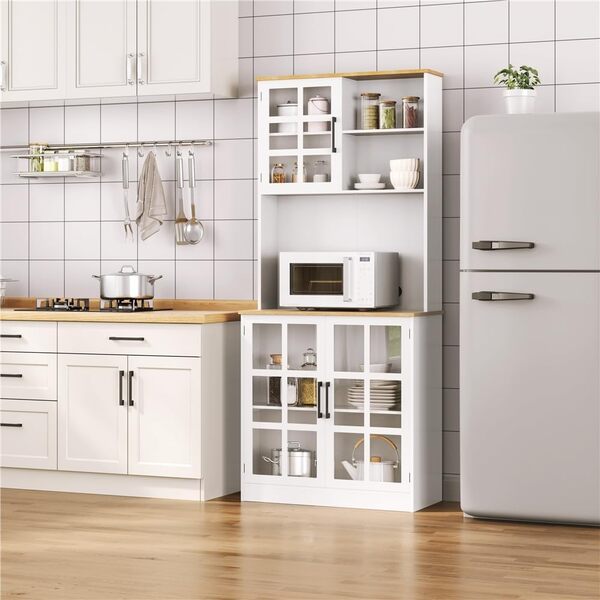 Yaheetech Buffet Haut de Cuisine Vaisselier Cuisine Armoire de Cuisine Meuble Salle à Manger avec Portes en Verre avec Étagère Réglable 80 × 37 × 183 cm Blanc