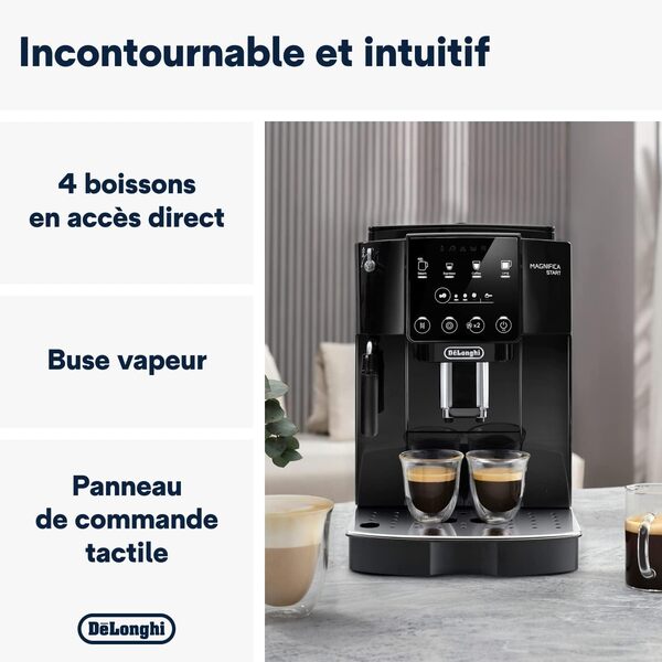 De'Longhi Magnifica Start ECAM222.20B, Machine à Café Automatique avec Buse à Lait, Machine à Espresso à Grains avec 4 Recettes Personnalisées, Panneau de Commande Soft-Touch, 1450W, Noir
