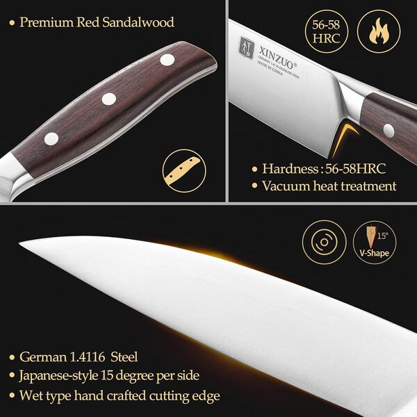 XINZUO 7 Pièces Ensemble de Couteaux de Cuisine avec Bloc en Bois, Acier Inoxydable 1.4116 Allemand Set Couteaux de Cuisine, Ciseaux de Cuisine Multifonctionnels, Professionnel Couteaux de Chef