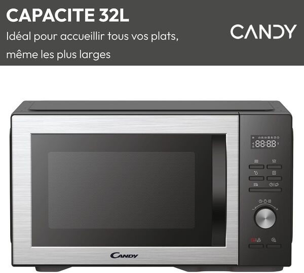Candy CMGA31EDLB Four Micro-ondes, Gril Quartz 1000W, Grande Capacité 31L, Recettes Automatiques, Fonction Gril, Nettoyage Auto, Programmateur digital, Fonction décongélation, Noir Silver