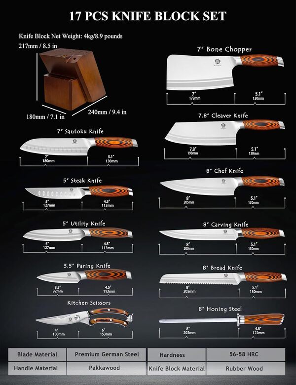 WILDMOK Ensemble de couteaux de cuisine en acier inoxydable allemand avec manche en bois - 17 pièces avec couteau à viande et ciseaux