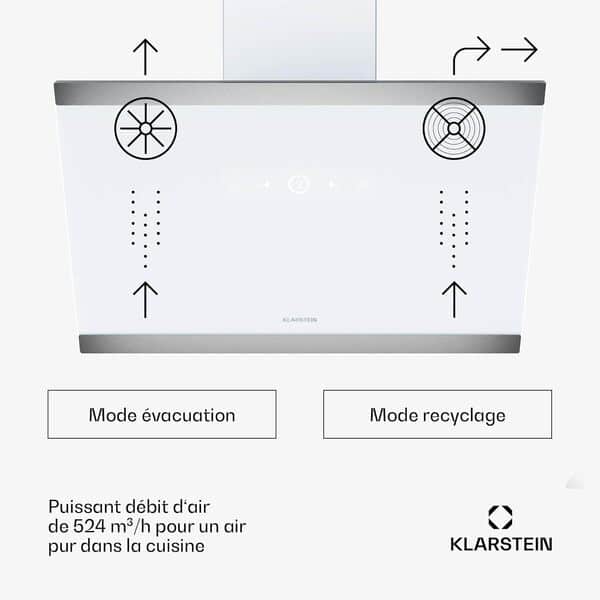 Klarstein FlashLine Hotte aspirante - hotte de cuisine 60 cm, écran tactile, 524 m³/h, CEE A++, éclairage LED, silencieuse 34,5 dB, blanche, conduit & recirculation [Classe énergétique A++]