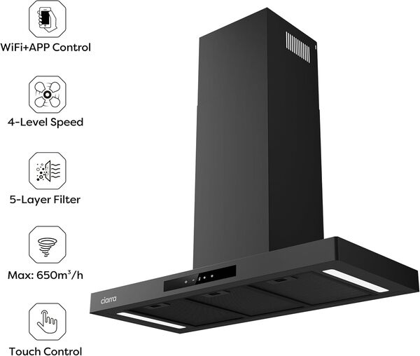 Ciarra Hotte Aspirante 90cm Silencieuse A+++ 650m³/h - 4 Vitesses et Boost - Commande Tactile et Wi-Fi - Filtre à Charbon Inclus - Coins Arrondis - CBCB9102-P [Classe énergétique A+++]