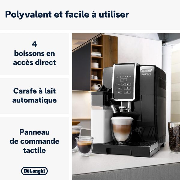 De'Longhi Dinamica Machine a Café Grain ECAM350.50.B, Machine Expresso et Cappuccino, Ecran Tactile, 1.8L, Noir [Classe énergétique A+]