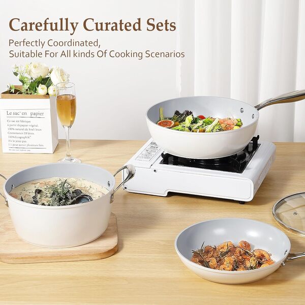 Batterie de cuisine 13 pièces en céramique, casseroles et poêles antiadhésives, batterie de cuisine antiadhésive, batterie de cuisine saine et non toxique, sans PFAS et PFOA, passe au