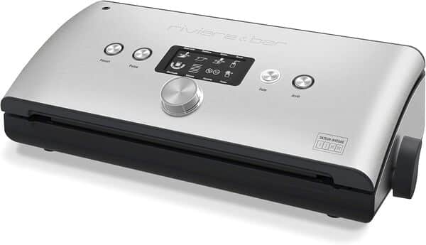 riviera&bar Appareil de Mise Sous Vide - Dateur Intégré, 5 Programmes, 4 Vitesses d'Aspiration, Écran LCD, Pour Aliments Secs et Humides, Accessoires Inclus - 125W - Inox