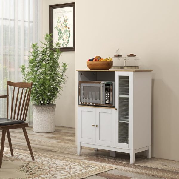 HOMCOM Meuble Micro-Ondes, Armoire de Cuisine, Buffet, avec 1 Niche 3 Portes, Passe-câbles, pour Cuisine, Salle à Manger, Salon, 80 x 35 x 97 cm, Verre trempé, Blanc et Aspect Bois