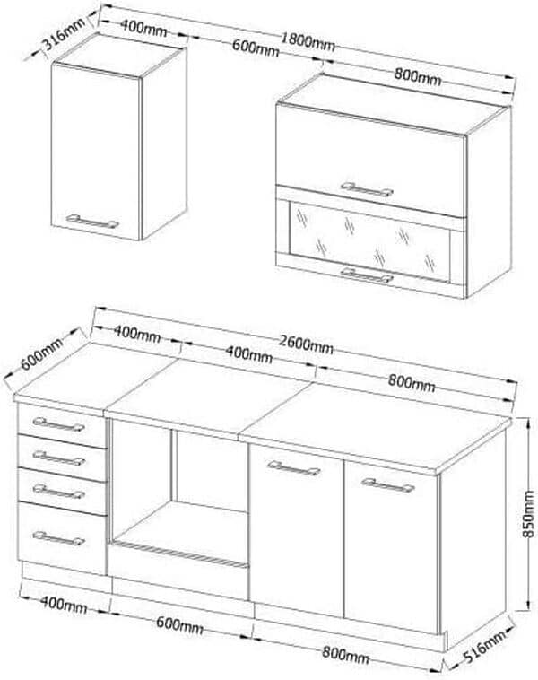 LASSEN Cuisine complete L 180 cm avec meuble four et plans de travail - Gris Matera