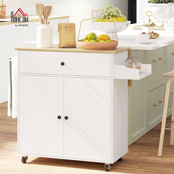 HOMCOM Desserte de Cuisine sur roulettes, Îlot Central Cuisine avec tiroir, étagère réglable, Placard à Double Porte, Support à épices et Porte-Serviette, 106 x 42 x 87 cm, Blanc