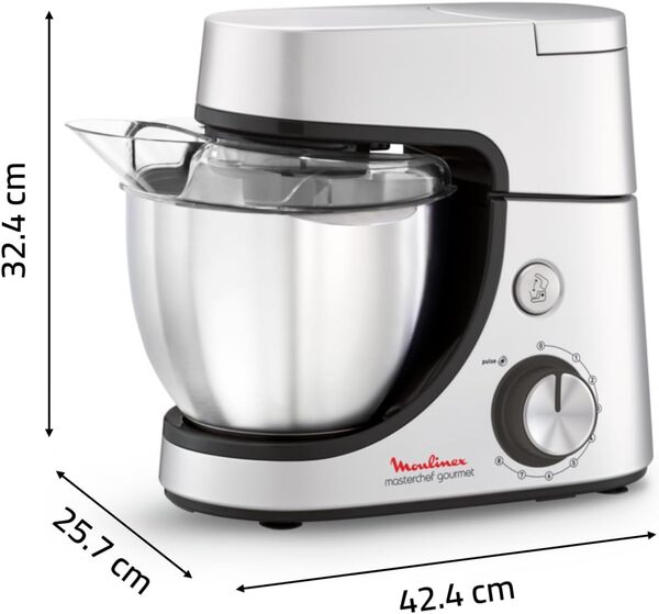 Moulinex Robot pâtissier, 1100 W, Kit de pâtisserie, Blender, Découpe-légumes avec accessoire pour macédoine, Hachoir à viande, Mini hachoir, Masterchef Gourmet argent QA519D32
