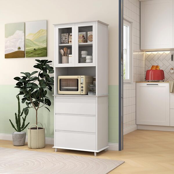 HOMCOM Buffet de Cuisine Meuble de Rangement Placard 2 Portes 3 tiroirs et Niche Centrale dim. 68L x 38l x 172H cm en Bois Blanc