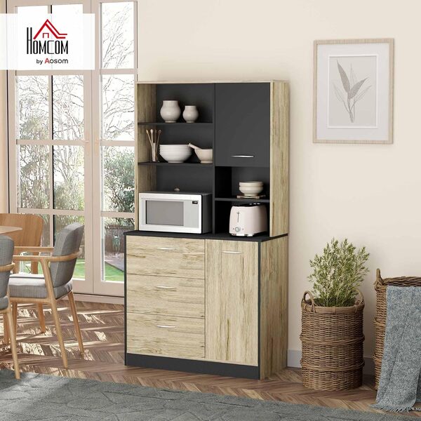 HOMCOM Buffet de Cuisine Armoire de Cuisine Multi-rangements 2 Portes 3 tiroirs 3 étagères + Grand Plateau 90L x 39l x 169H cm Bicolore chêne Clair Gris