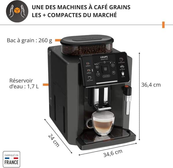 Krups Sensation C50, Machine à café grains, Expresso automatique, 5 boissons, Interface tactile, Facile à utiliser, Nettoyage automatique, Buse vapeur Cappuccino, EA910810