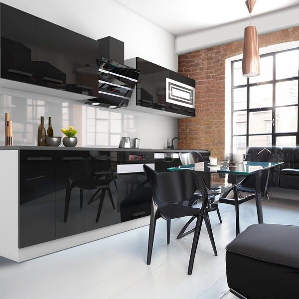 BELINI | Cuisine Équipée Lucy 300 cm | Meubles de Cuisine Sans Plan de Travail | Rangement et Buffet | Noir Très Brillant