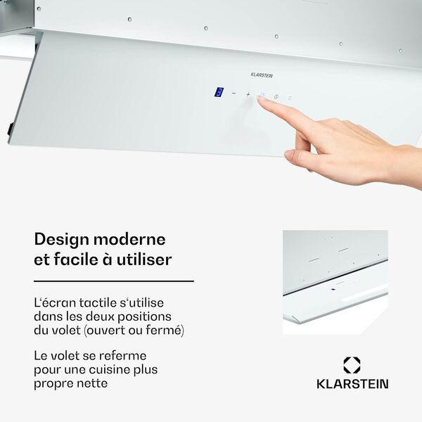 Klarstein Ventimate Hotte à Tiroir, 85cm Hotte Cuisine Aspirante avec Commande Tactile, 390 m³/h, Efficacité Énergétique A+, Moteur Silencieux, Éclairage LED, Filtre à Charbon, Blanc [Classe énergétique A+]