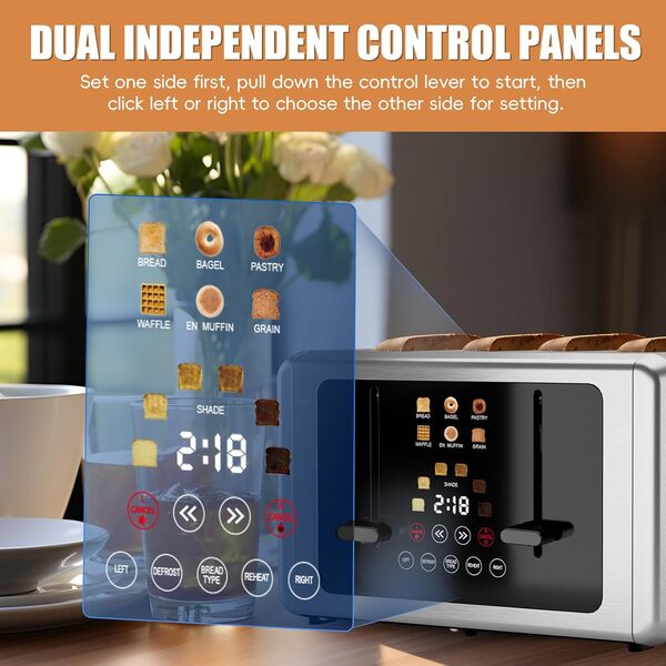 Grille-pain 4 tranches, écran tactile et double panneau de commande non encastré, 5 fonctions de base et grille-pain numérique, 6 réglages d'ombre et 6 types de pain