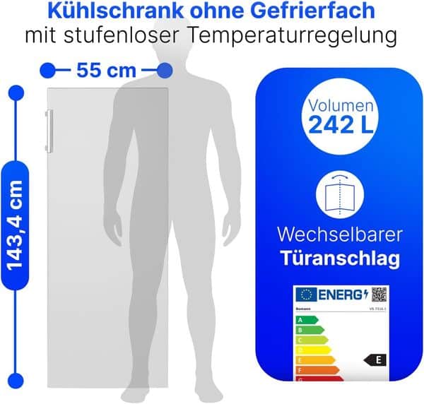 Bomann Réfrigérateur 242L blanc VS7316-1-blanc, Capacité nette : 242 litres, Éclairage intérieur à DEL, Contrôle de la température en continu, 5 clayettes en verre [Classe énergétique E]