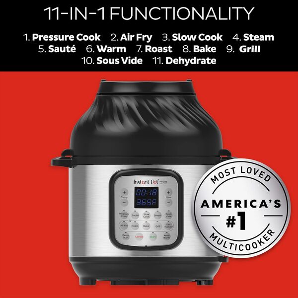Instant Pot Duo Crisp + Friteuse à air chaud 11 en 1 - Multicuiseur électrique 7,6 l - Autocuiseur, friteuse à air, mijoteuse, cuiseur vapeur, appareil sous vide, déshydrateur avec gril, fonction