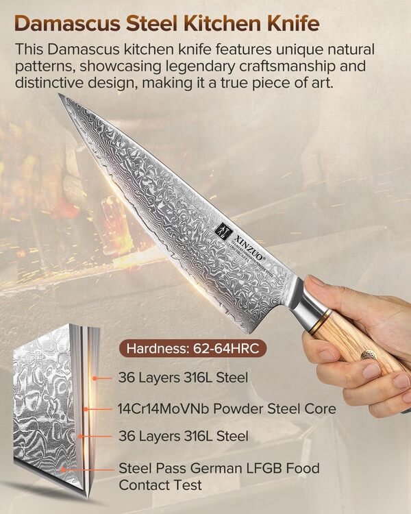 XINZUO Ensemble de Couteaux 8 Pièces -73 Couches Acier en Poudre de Damas Professionnel Set Couteau de Chef-Poignée en Bois d'Olivier-Bloc à Couteaux Ciseaux de Cuisine et Fusil à Aiguiser Acier