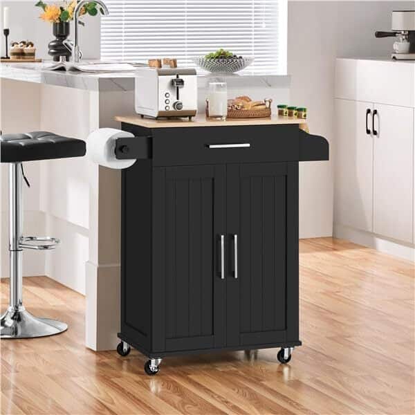 Yaheetech Desserte Cuisine à roulettes avec 1 Tiroir/Armoire avec Etagère Réglable/Porte Serviette/Meuble Cuisine 81,5 × 40 × 88,5 cm Noir