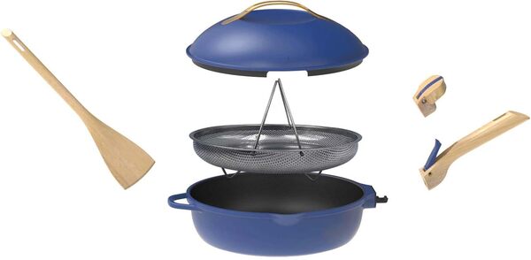 COOKUT - La Fabuleuse poêle 8 en 1 – Un seul ustensile qui remplace poêle, casserole, sauteuse - Avec 2 poignées amovibles, panier vapeur/friture, spatule en bois - SAPHIR