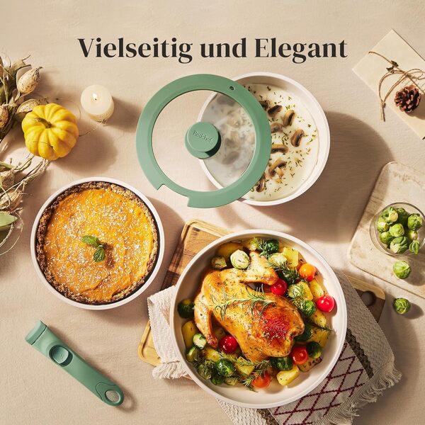 Redchef casseroles en céramique antiadhésives avec poignée amovible, poêle 20/26 cm, Lot de 16, poêle profonde 26 cm, casserole 18/20 cm, empilable pour tous les types de feux, passe au four (Vert)