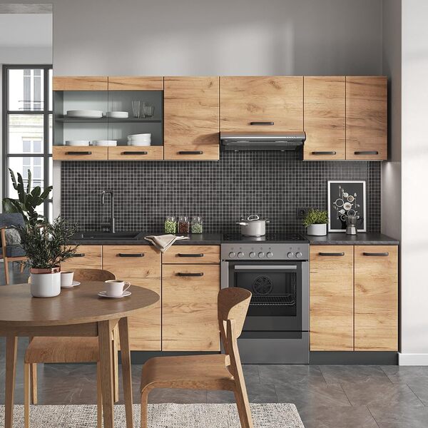 Vicco Cuisine Raul, Chêne doré/Anthracite, 240cm, PT À Motifs Noirs