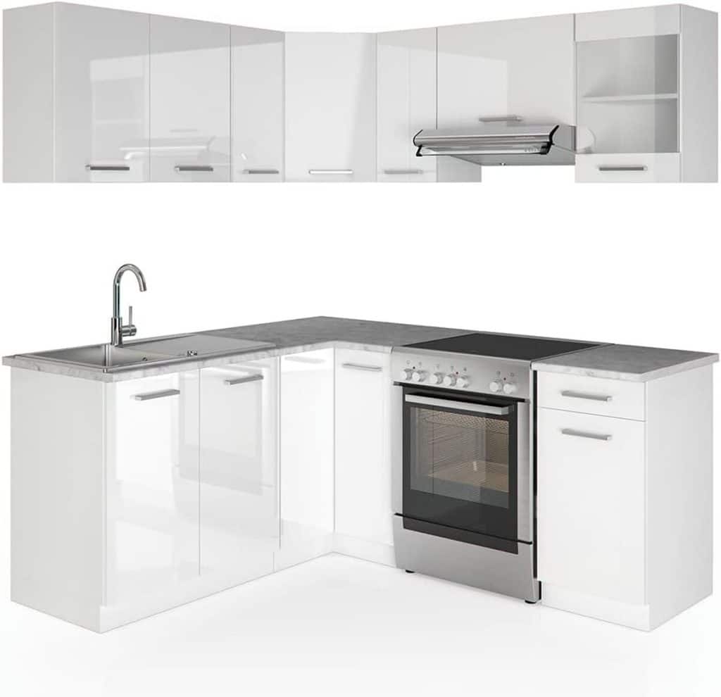 Test cuisine d'angle Vicco Rick : élégance marbre en blanc brillant