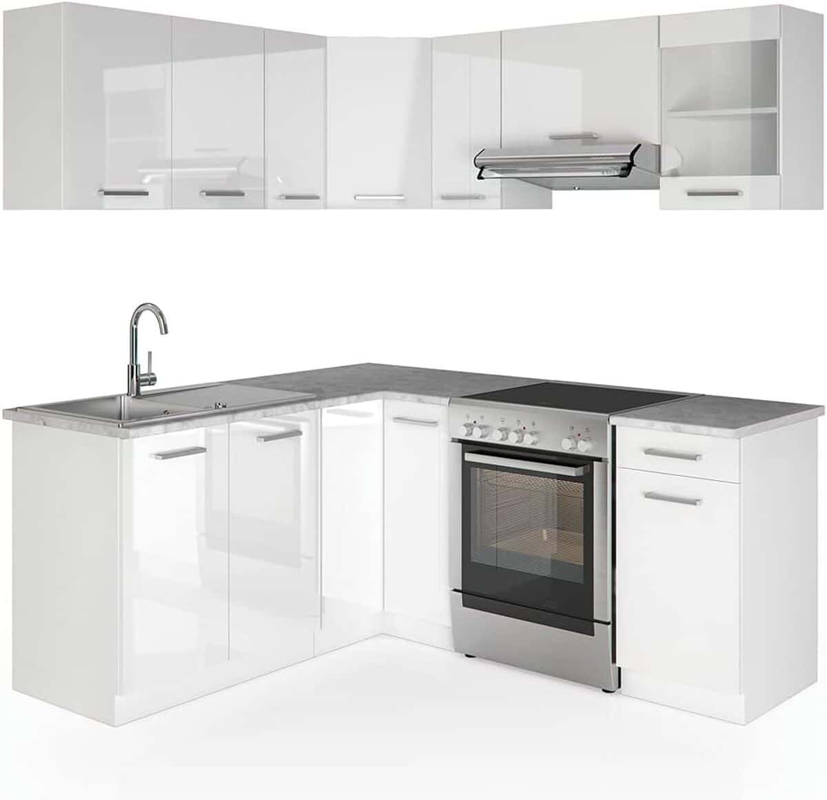 Test cuisine d'angle Vicco Rick : élégance marbre en blanc brillant