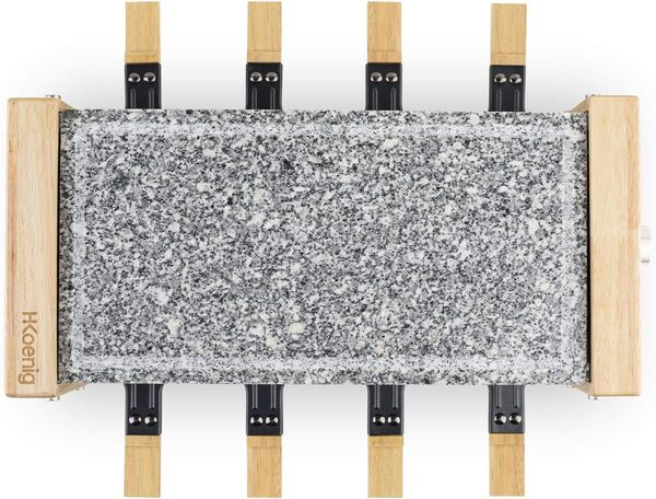 H.Koenig Appareil à raclette Multifonction 8 personnes WOD12, Professionnel, Raclette fromage, Fondue, Pierre Granit et bois naturel, Plaque en Verre, 8 poêlons & 8 spatules en bois, 1200W