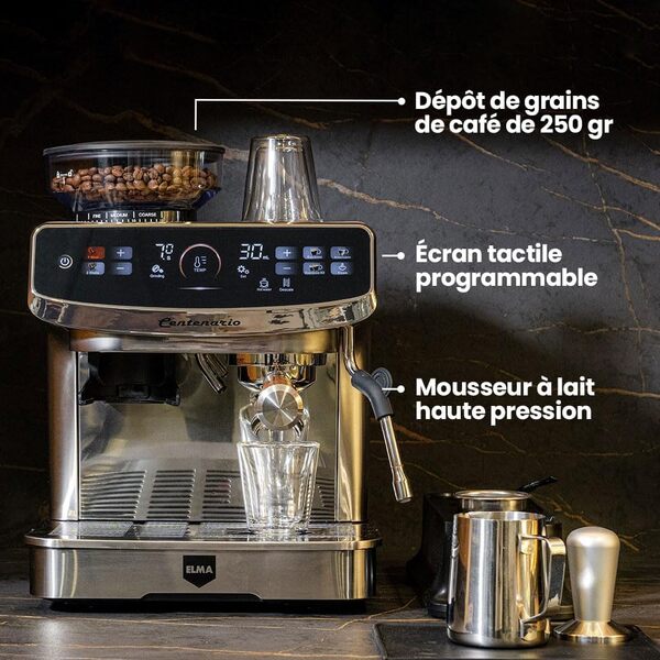 Elma Cafetière Expresso Centenario Barista avec 15 Réglages de Mouture et Sélecteur de Durée en Quelques Secondes | Pompe Italienne 20 Bars, Écran Tactile, Acier Inoxydable