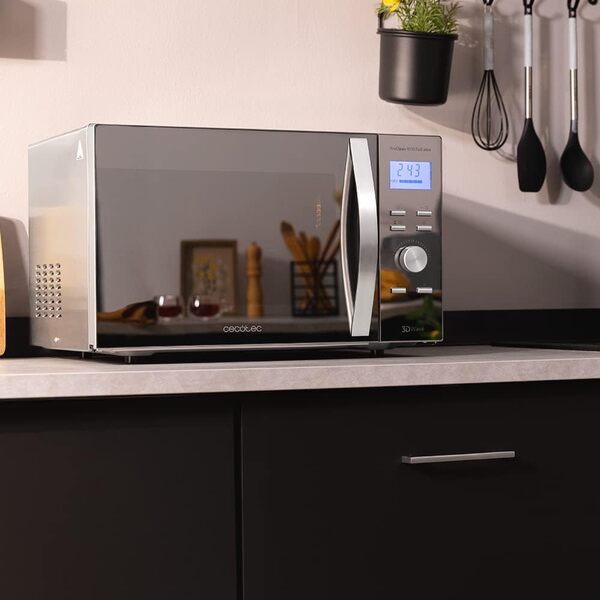 Cecotec Four à micro-ondes ProClean 9110 FullINOX avec grill 1000 W, 30 litres, 5 niveaux de puissance, 8 programmes, minuterie de 60 minutes, revêtement Ready2Clean, design avant miroir