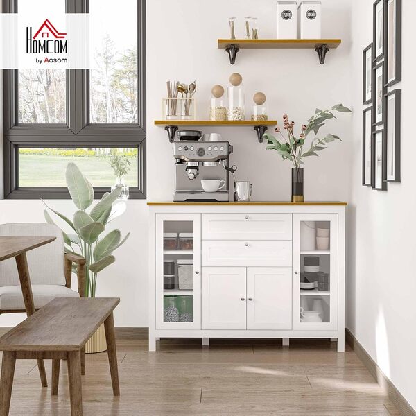 HOMCOM Buffet Salon, Meuble de Rangement avec 1 Placard Double Porte, 2 placards à Porte vitrée, 2 tiroirs et étagère réglable, Style Moderne, Buffet Salle à Manger et Cuisine, 120x40x90cm, Blanc