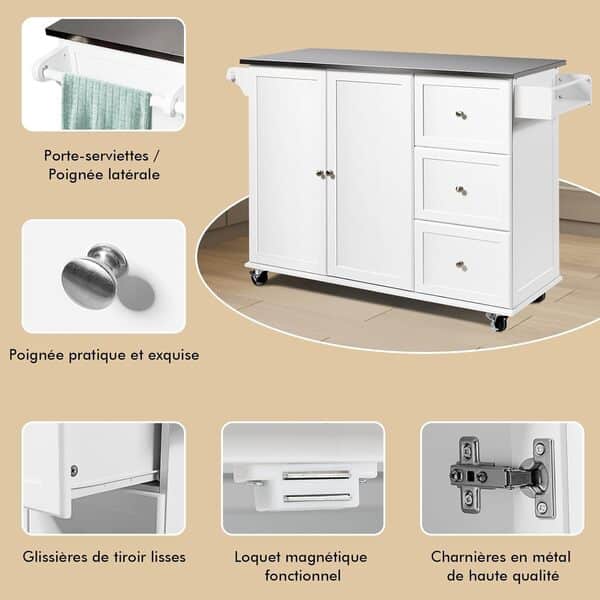 GOPLUS Desserte Îlot de Cuisine Desserte à roulettes en Bois Placard Étagère 3 Niveaux Réglables et 3 Tiroirs, Plateau en Acier Inoxydable, Support à Épices, Porte-Serviettes, 135 x 45,5 x 91,5 CM