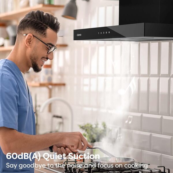 CIARRA CBCB6102 Hotte Aspirante 60 cm A+++ 650 m³/h - App & TouchControl - 4 Vitesses + Booster - Recyclage & Évacuation - Filtre à Charbon CBCF003 - Noire [Classe énergétique A+++]