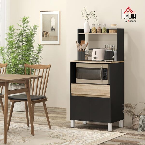 HOMCOM Meuble Micro Onde, Buffet Cuisine avec Placard tiroir étagère supérieur, Meuble Micro Ondes Cuisine Rangement pour Salle à Manger, Salon, 60 x 40 x 131 cm chêne et Noir