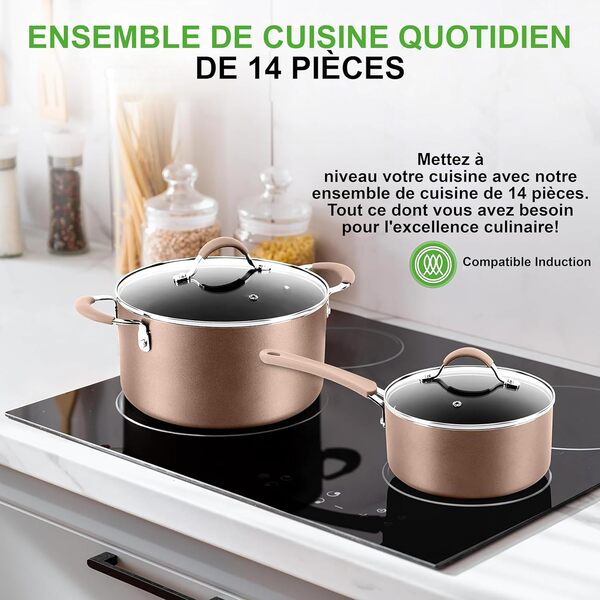 NutriChef Batterie de Cuisine Antiadhésive, Poele et Casserole Induction, Comprenant Casseroles, Poêles, Cocotte, Couvercles et Ustensiles de Cuisine, 14 Pièces, Doré Brillant