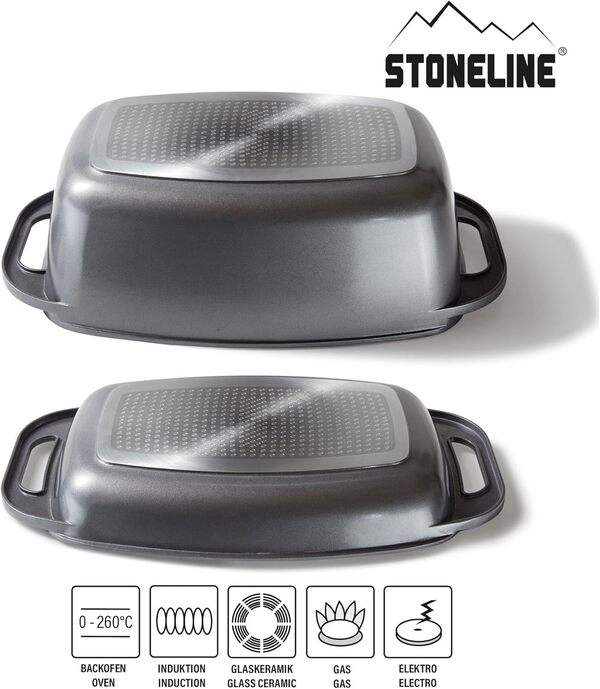 STONELINE Cocotte Rectangulaire XXL 43x26 cm, avec Couvercle, en Fonte d'Aluminium, utilisable comme Plat à Four, Revêtement Antiadhésif avec de vraies particules de pierre, Gris