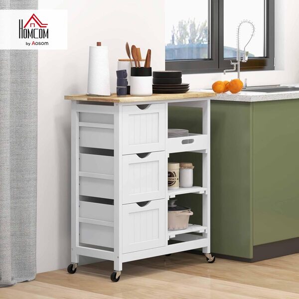 HOMCOM Desserte de cuisine à roulettes, chariot de service, plan de travail en bois d'hévéa, 3 tiroirs, plateau amovible, 2 étagères à lattes, chariot de cuisine et salle à manger, 67x37x85,5cm, blanc