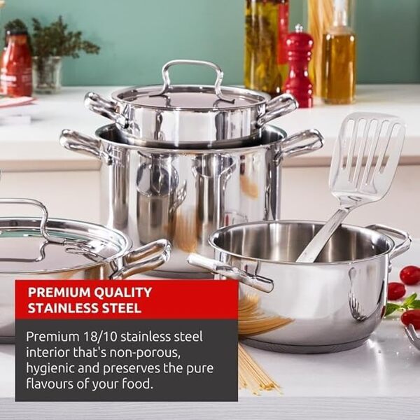 Lagostina Sfiziosa Batterie de Cuisine en Acier Inox 18/10, Casseroles Induction, Gaz et Four, 13 Pièces, Fond Lagoseal Plus, Set avec 3 Faitouts, 2 Marmites, 1 Casserole, 4 Couvercles et 3 Ustensiles