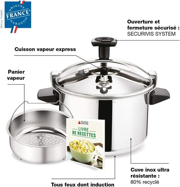 Seb Cocotte-minute 8 L, 5/8 personnes, Induction, Autocuiseur inox, Livre de recette inclus, Fabriqué en France, Authentique P0531100
