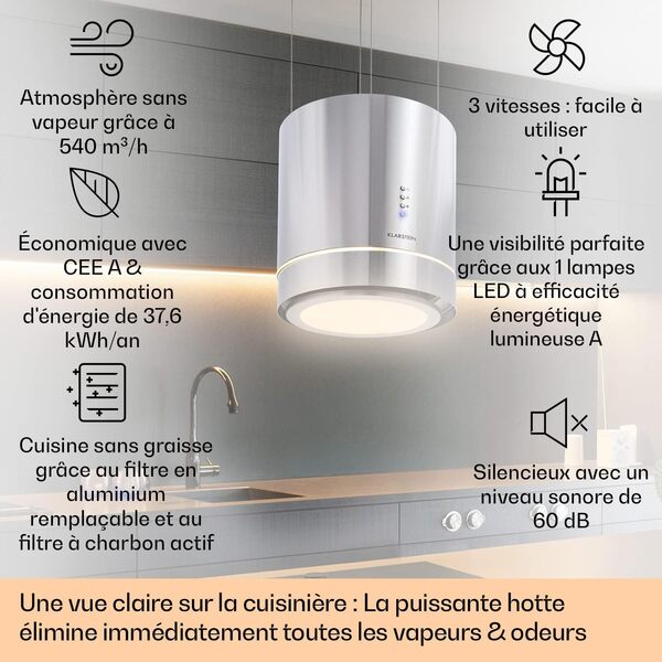 Klarstein Hotte Aspirante Ilot Central de Cuisine Silencieuse et Design, Débit d'air 595m³/h, Minuteur, 3 Modes, Contrôle via Application Mobile, Hotte Aspirante Suspendue Sans Evacuation et Charbon [Classe énergétique A]