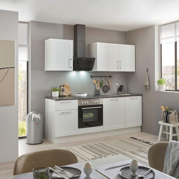 Stella Trading MARSEILLE Coin cuisine moderne sans électroménager en blanc, marron métallisé - Cuisine intégrée spacieuse avec beaucoup d'espace de rangement - 220 x 211 x 60 cm (L/H/P)