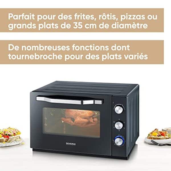 Découvrez le four Severin TO 2073 : un appareil polyvalent avec pierre à pizza et tournebroche, parfait pour des performances de cuisson XXL à la maison.