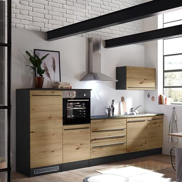 Découvrez le style et la fonctionnalité de la cuisine Stella Trading Jazz 4 avec son design anthracite chic et son aspect chêne chaleureux pour une cuisine moderne et conviviale.