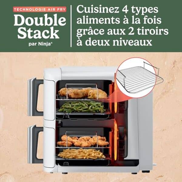 Découvrez la friteuse double tiroir Ninja SL400EUWH : une option innovante pour cuisiner sainement sans huile. Alliez praticité et saveur pour vos repas savoureux et équilibrés.