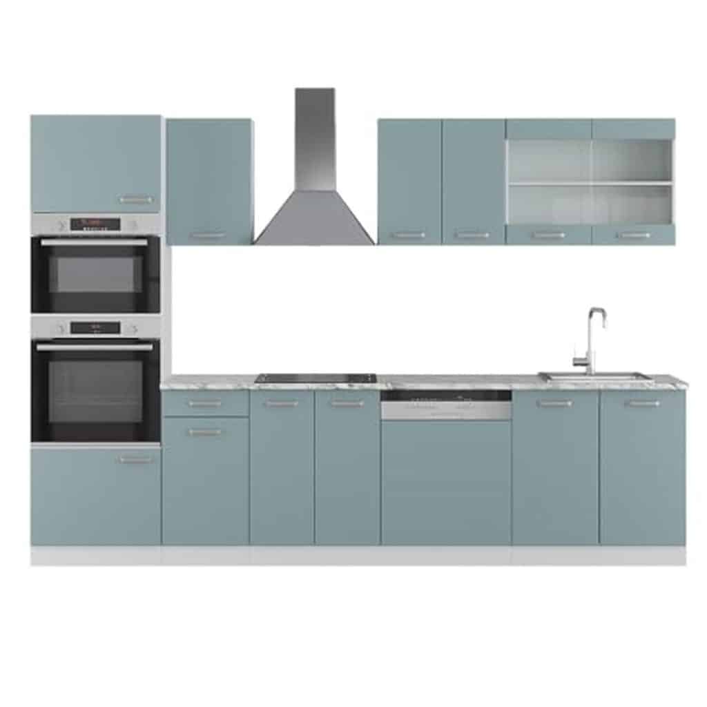 Test de la cuisine Vicco R-Line 300 cm bleu-gris/blanc avec armoire haute
