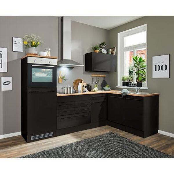 Découvrez la modernité et l'élégance de la cuisine d'angle Jazz 6 avec son design en noir mat et chêne lanzelot, parfaite pour sublimer votre espace culinaire.