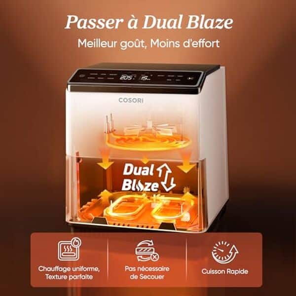 Découvrez notre test complet de la friteuse Cosori Air Fryer Dual Blaze 6.4L : analyse de sa performance remarquable et de son design moderne pour des repas savoureux et sains
