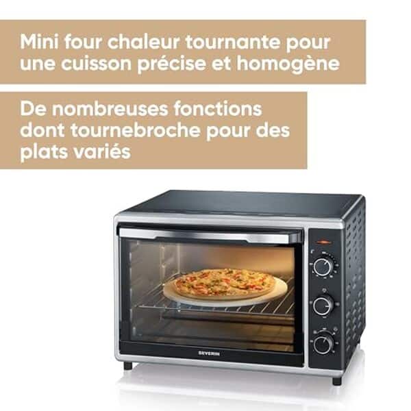 Découvrez l'efficacité du mini-four Severin TO 2058 42L avec pierre à pizza et tournebroche : un allié parfait pour une cuisson réussie à la maison.